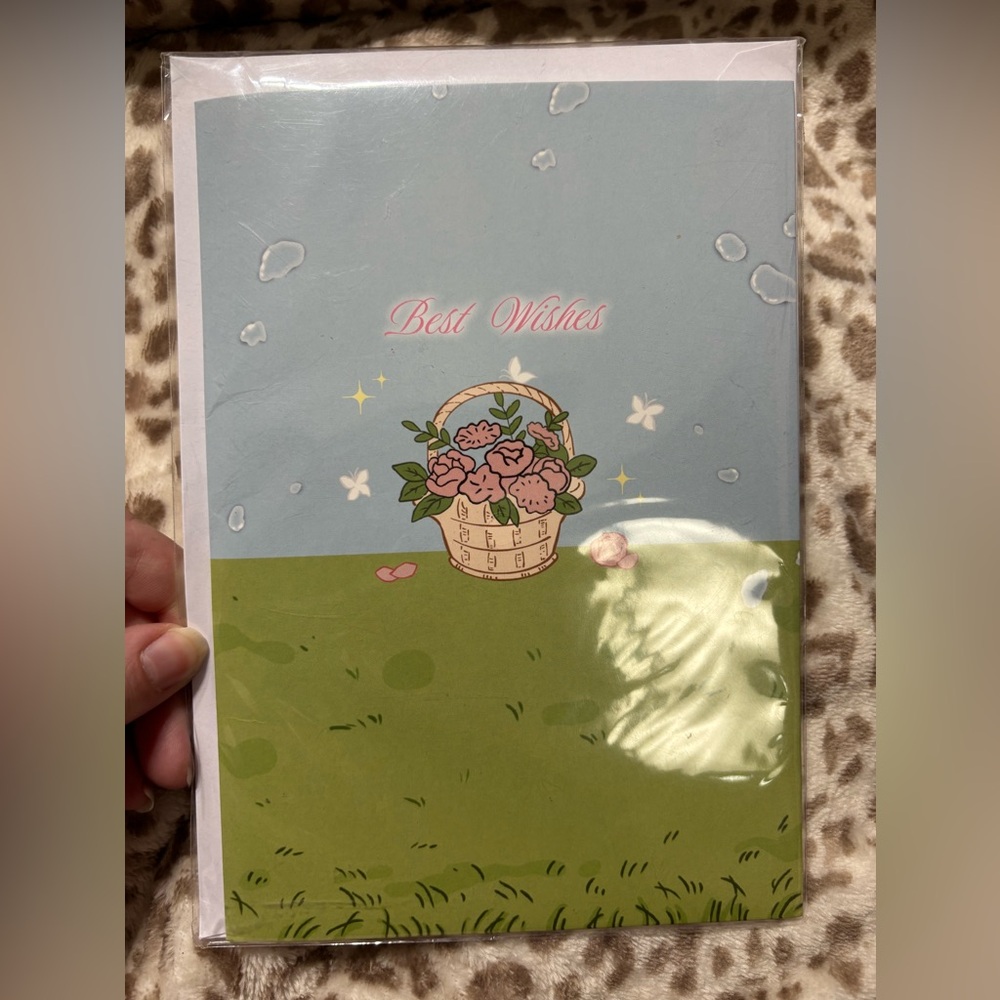 Best Wishes Greeting Card with Floral Basket and Rabbit
